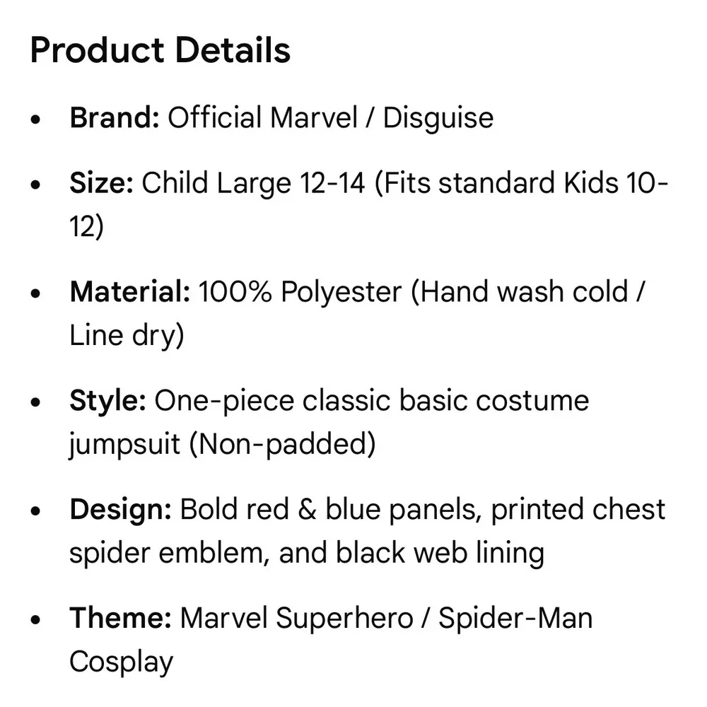 Spider-Man Costume Kids Large 10-12 Marvel Disguise Padded Jumpsuit Halloween